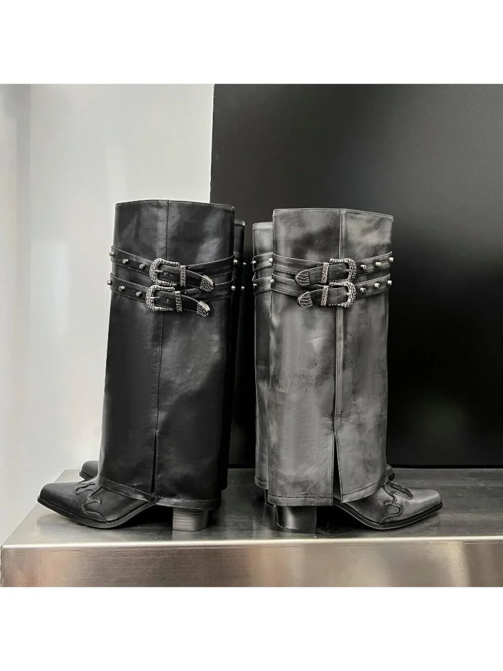 Women's Black Pointed Toe Block Mid Heel Fold Over Wide Calf Knee High Boots